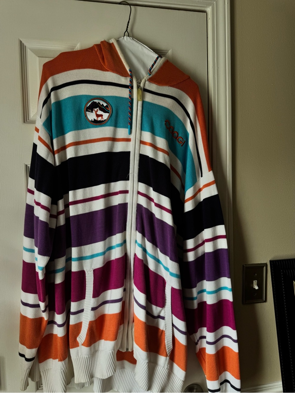 COOGI Turquoise, Orange & Black Striped Knit Hoodie with Cream Trim